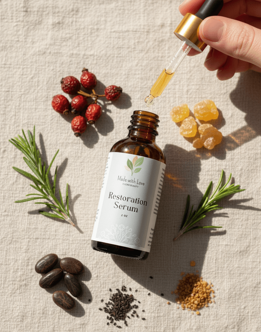Made With Love Restoration Serum flatlay with the bottle, dropper, and botanical ingredients