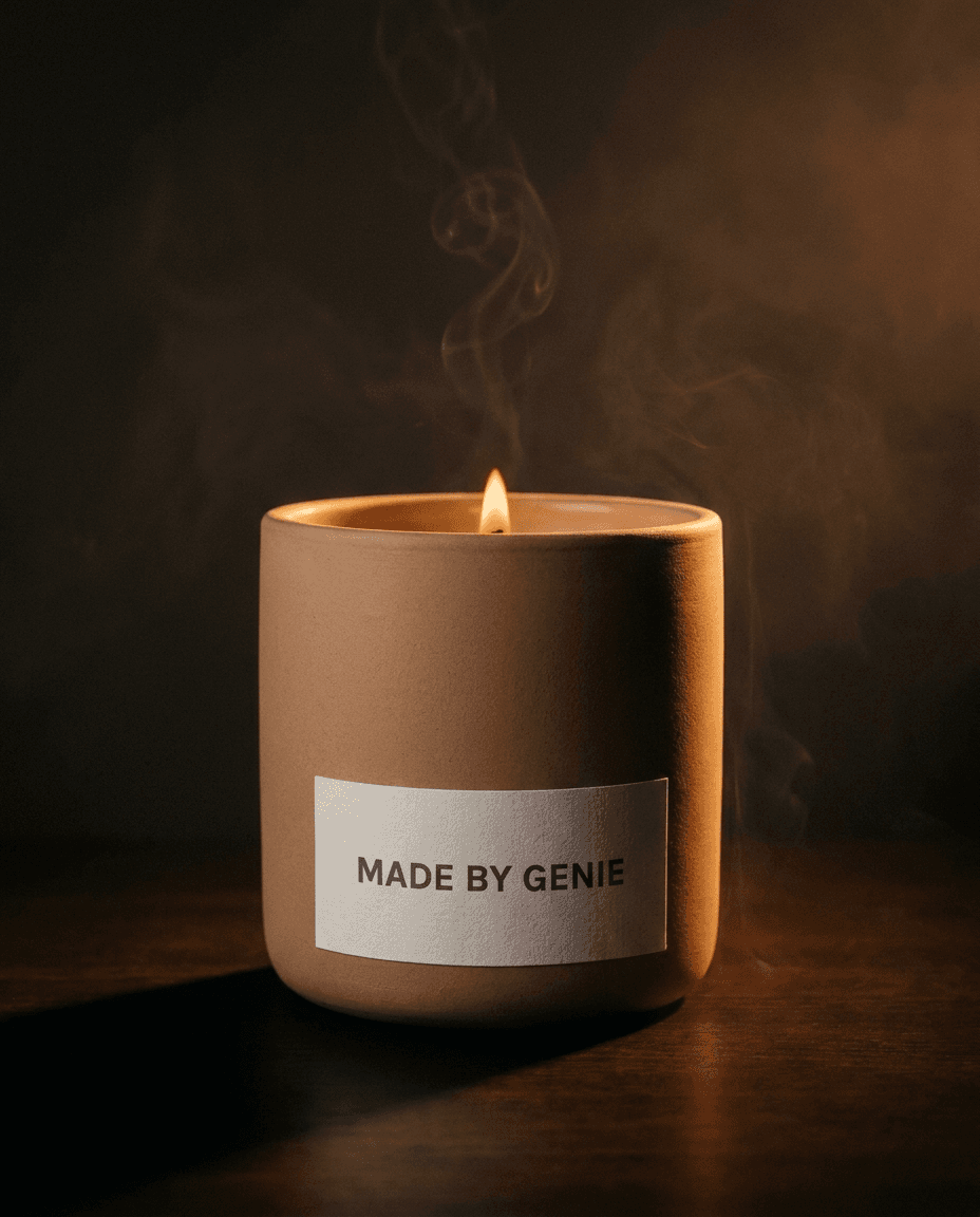 A matte clay ceramic candle with a small flame and a "Made By Genie" label.
