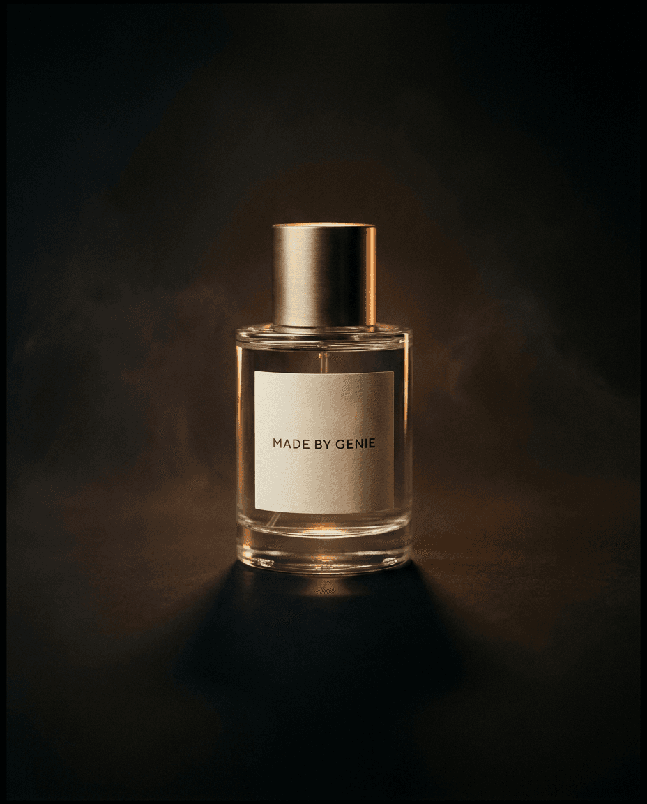 Clear-glass fragrance bottle with a brushed brass cap and a "Made By Genie" label.