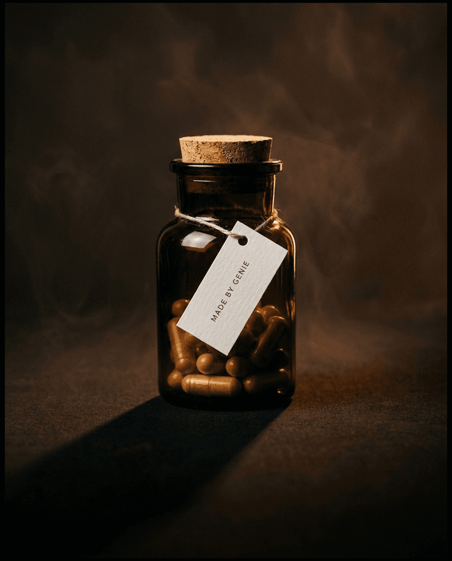 Amber-glass supplement jar with a cork lid, capsules visible, "Made By Genie" tag.